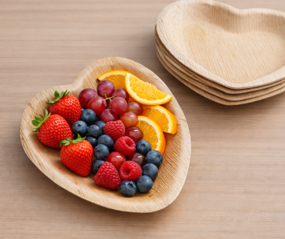 Stack of 6-inch heart-shaped palm leaf plates, biodegradable and compostable