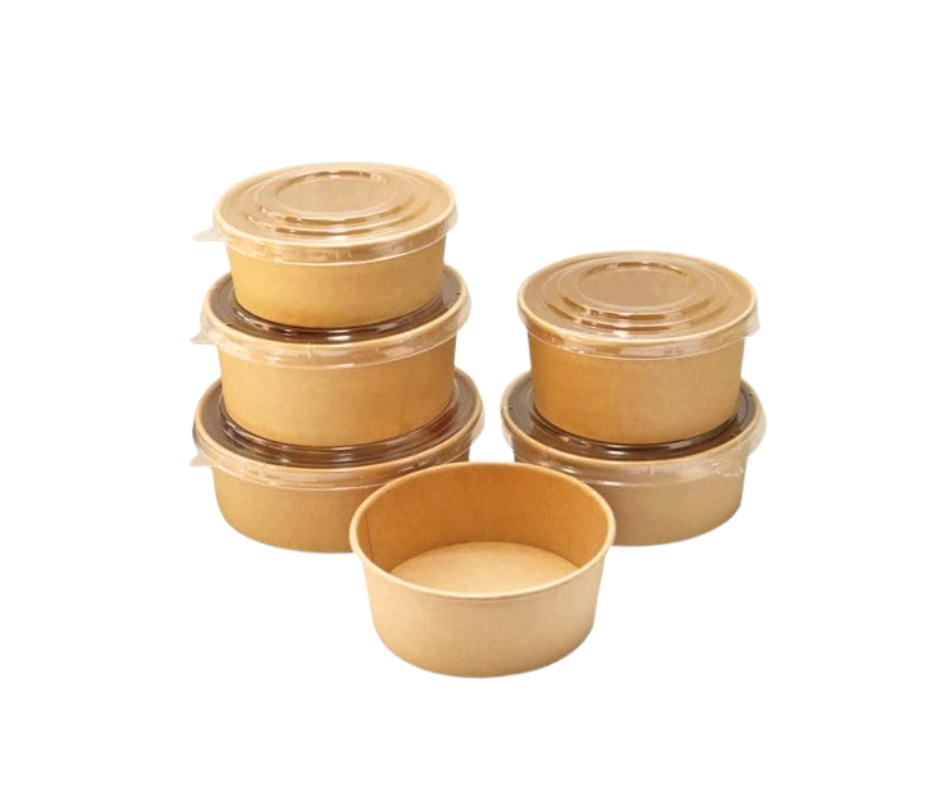 Stack of 500ml round Kraft paper bowls, showing bulk packaging for takeaways